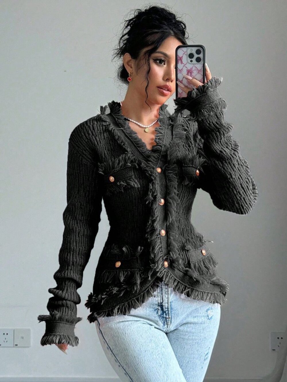 Black Casual Women's Patchwork Fringe Long Sleeve Single-Breasted Cardigan - Picture 6 of 6